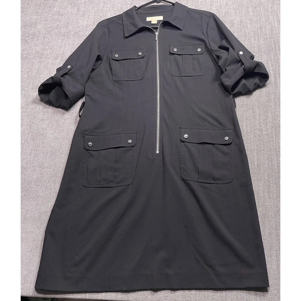 Michael Kors Utility Dress Womens XL Black Stretch Roll Tab Sleeve Half Zip